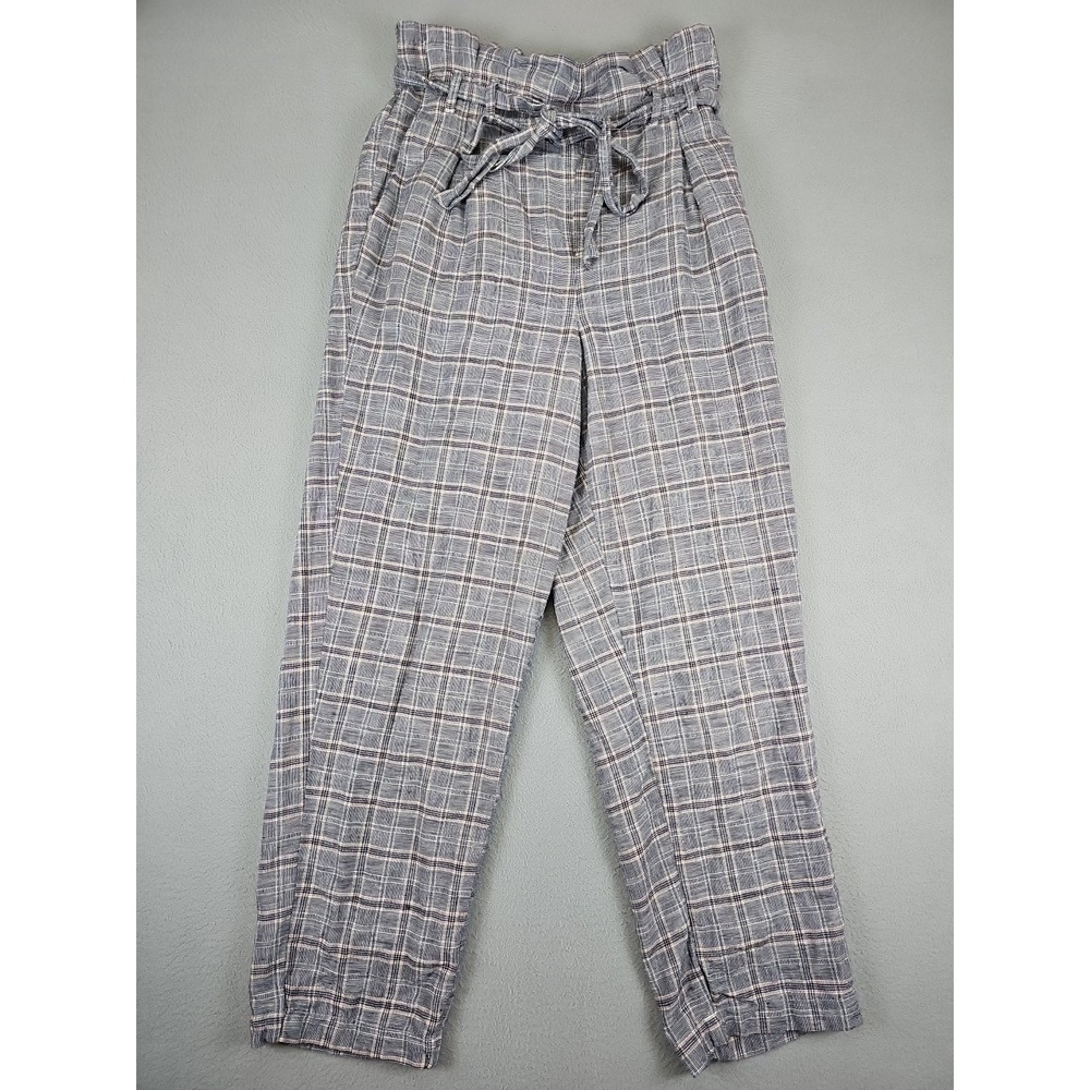 American Eagle Women's Medium‎ Plaid Paper Bag Linen Blend Lined Belted Pants